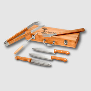 Kit de Facas e Utensílios para Churrasco com Estojo de Madeira